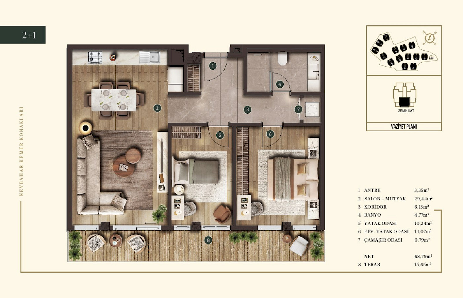 Nevbahar Kemer Konakları Daire Planları - 2+1 Daire Planı Hakkında Bilgi Alın